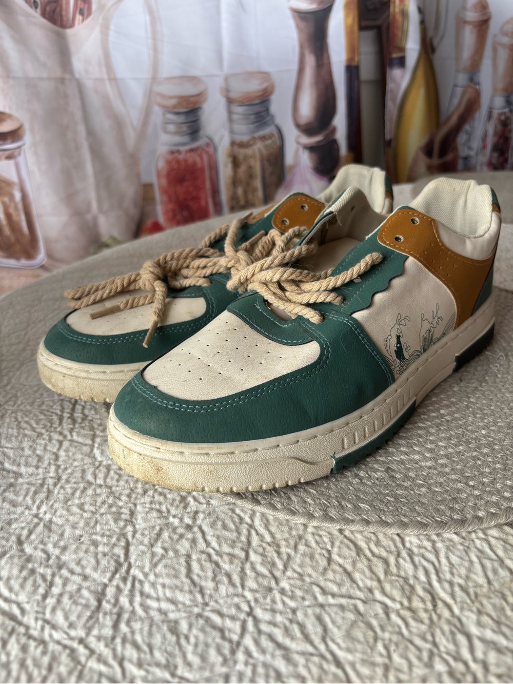 Green and Cream Low-Top Sneakers with Brown Accents